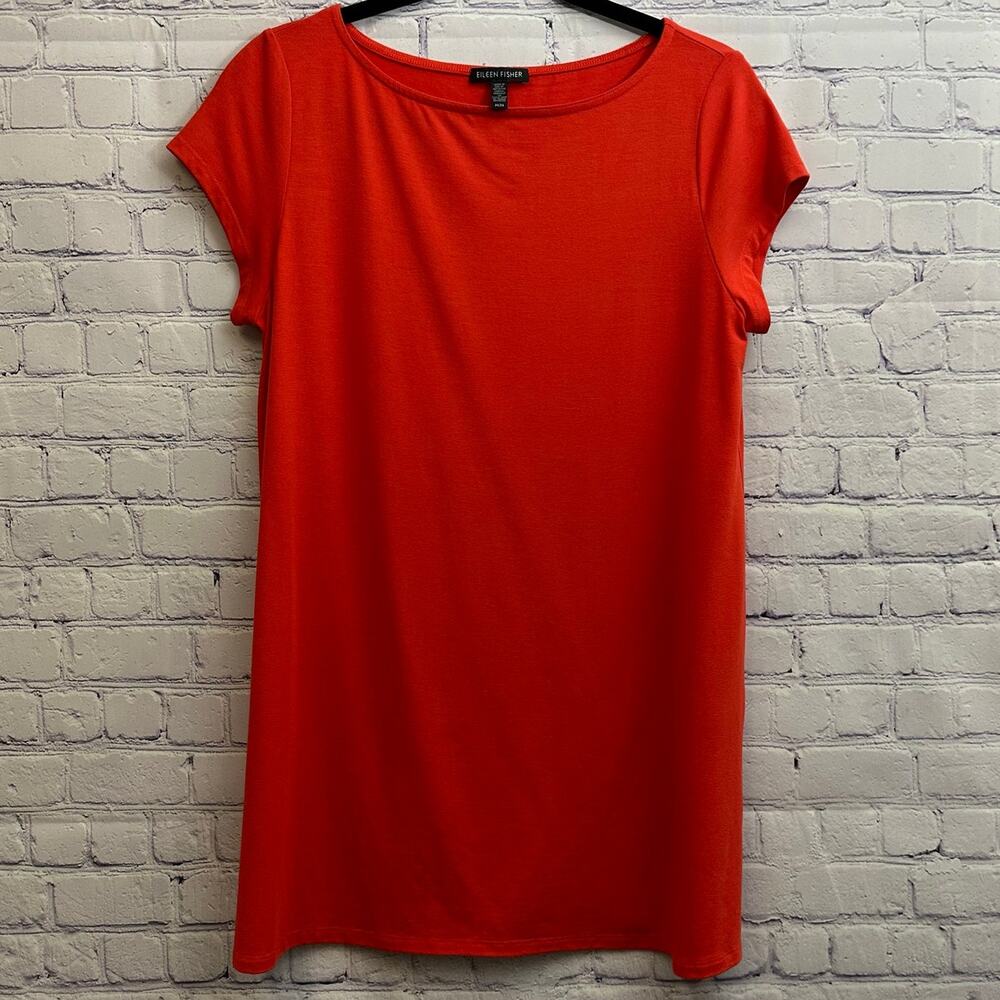 Eileen Fisher Red Short Sleeve T-Shirt Dress Size Medium Solids Basics Summer